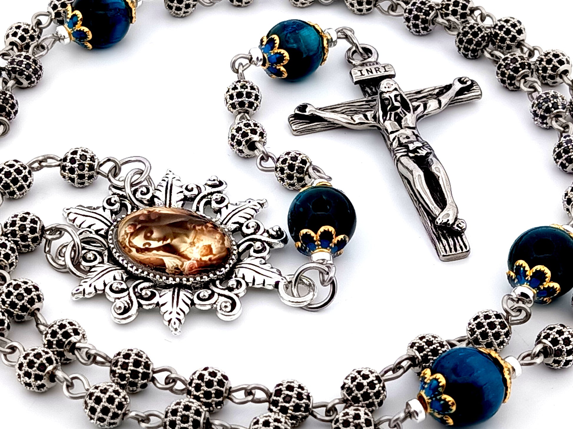 Immaculate Heart of Mary unique rosary beads cubic zirconia and tigers eye gemstone rosary beads with stainless steel crucifix.