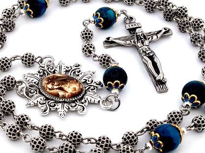 Immaculate Heart of Mary unique rosary beads cubic zirconia and tigers eye gemstone rosary beads with stainless steel crucifix.