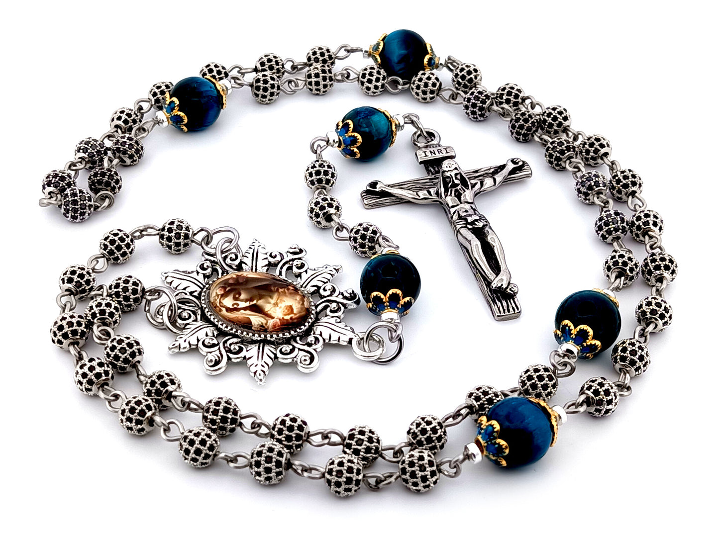 Immaculate Heart of Mary unique rosary beads cubic zirconia and tigers eye gemstone rosary beads with stainless steel crucifix.