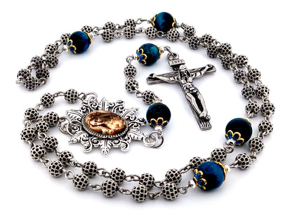 Immaculate Heart of Mary unique rosary beads cubic zirconia and tigers eye gemstone rosary beads with stainless steel crucifix.
