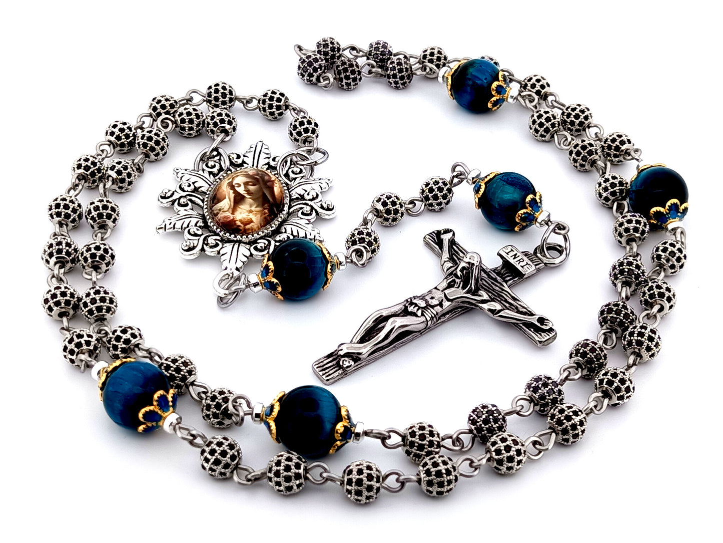 Immaculate Heart of Mary unique rosary beads cubic zirconia and tigers eye gemstone rosary beads with stainless steel crucifix.