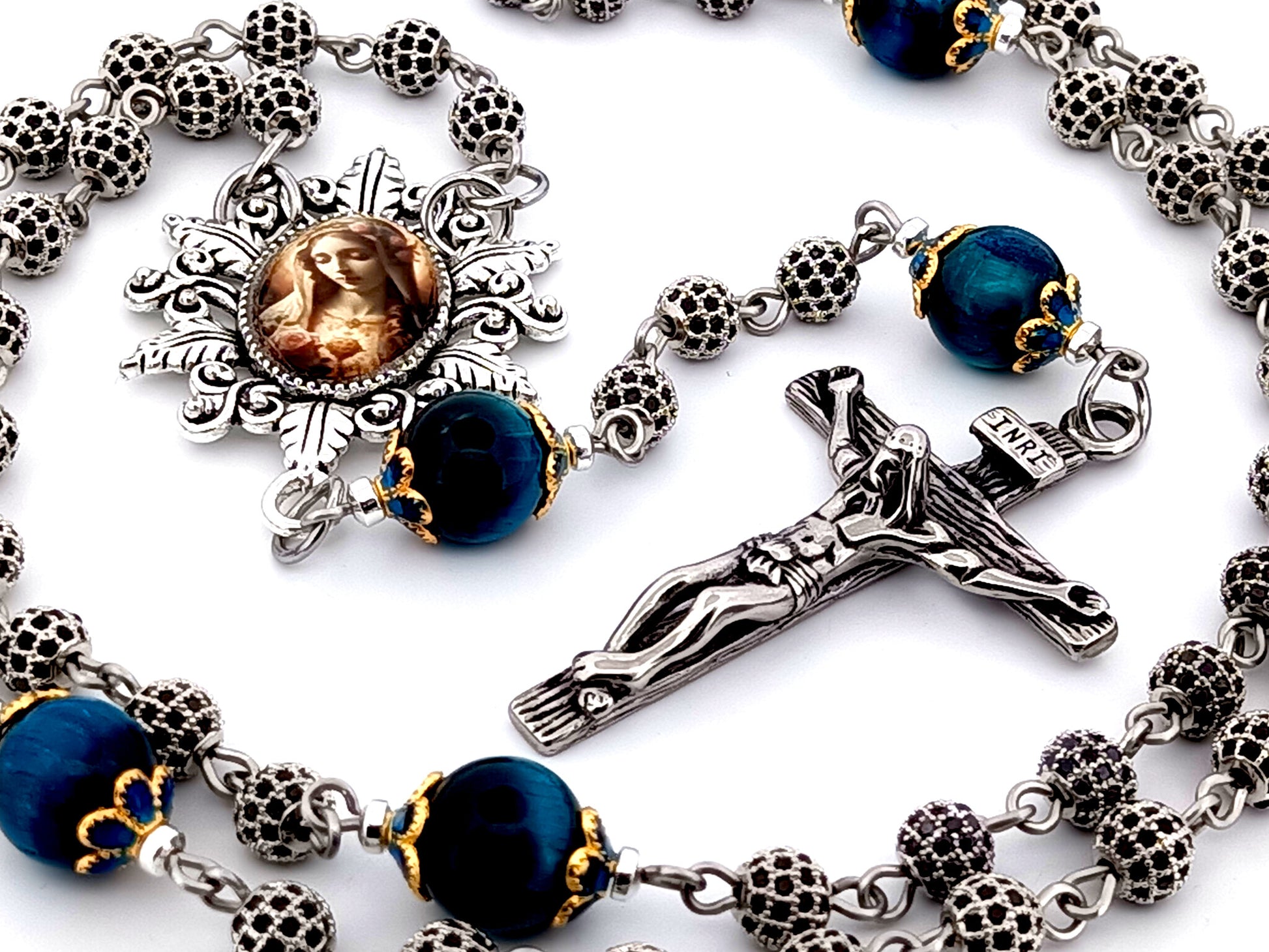 Immaculate Heart of Mary unique rosary beads cubic zirconia and tigers eye gemstone rosary beads with stainless steel crucifix.