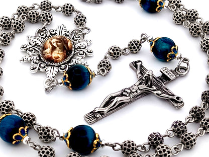 Immaculate Heart of Mary unique rosary beads cubic zirconia and tigers eye gemstone rosary beads with stainless steel crucifix.