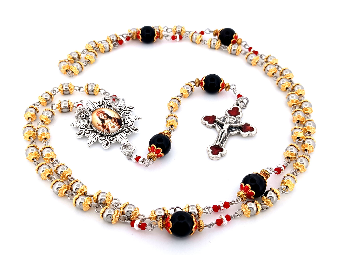 Christ The King unique rosary beads stainless steel and onyx gemstone rosary beads with rose enamel crucifix.