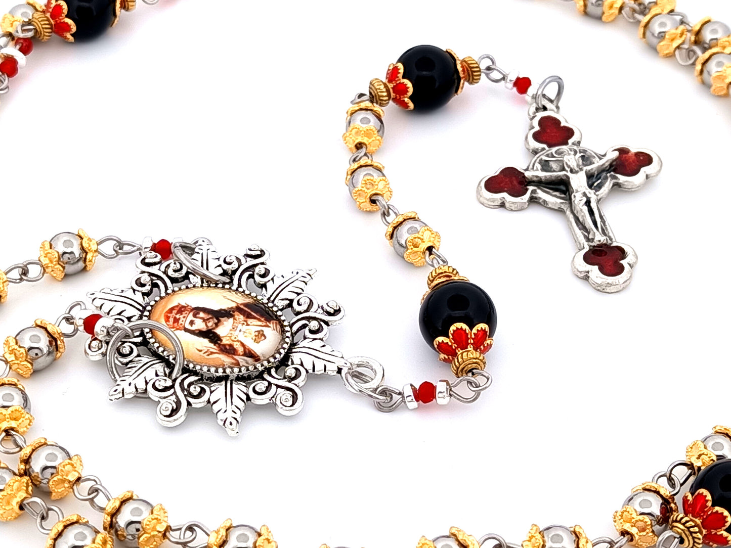 Christ The King unique rosary beads stainless steel and onyx gemstone rosary beads with rose enamel crucifix.