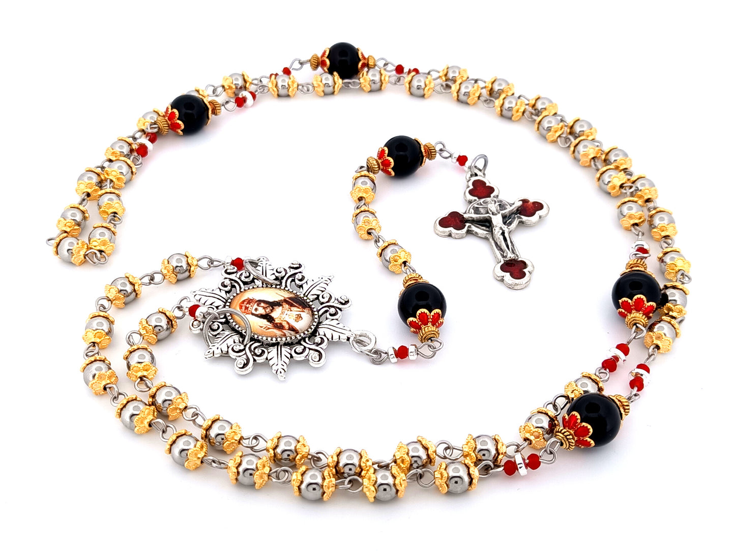 Christ The King unique rosary beads stainless steel and onyx gemstone rosary beads with rose enamel crucifix.