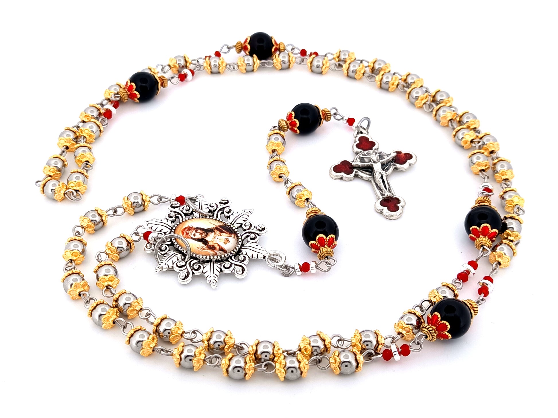Christ The King unique rosary beads stainless steel and onyx gemstone rosary beads with rose enamel crucifix.