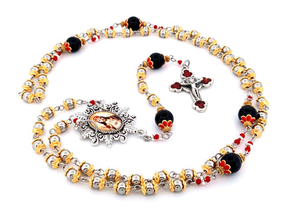 Christ The King unique rosary beads stainless steel and onyx gemstone rosary beads with rose enamel crucifix.