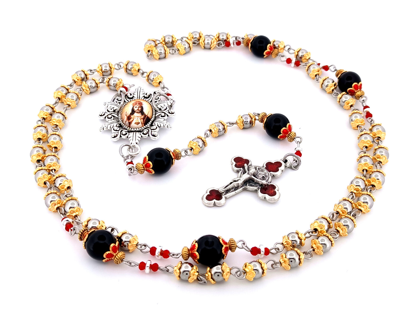 Christ The King unique rosary beads stainless steel and onyx gemstone rosary beads with rose enamel crucifix.
