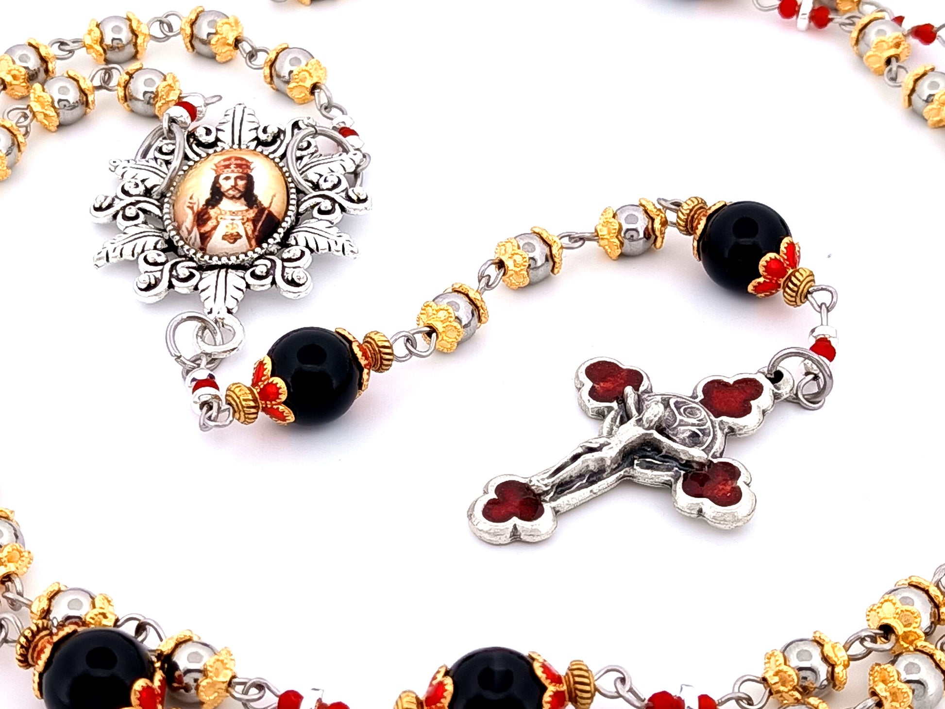 Christ The King unique rosary beads stainless steel and onyx gemstone rosary beads with rose enamel crucifix.
