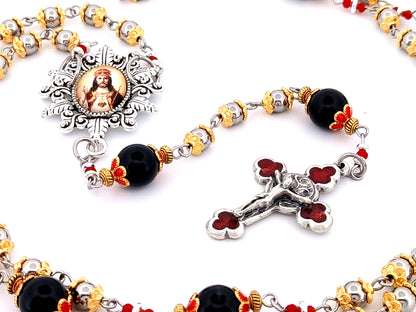 Christ The King unique rosary beads stainless steel and onyx gemstone rosary beads with rose enamel crucifix.