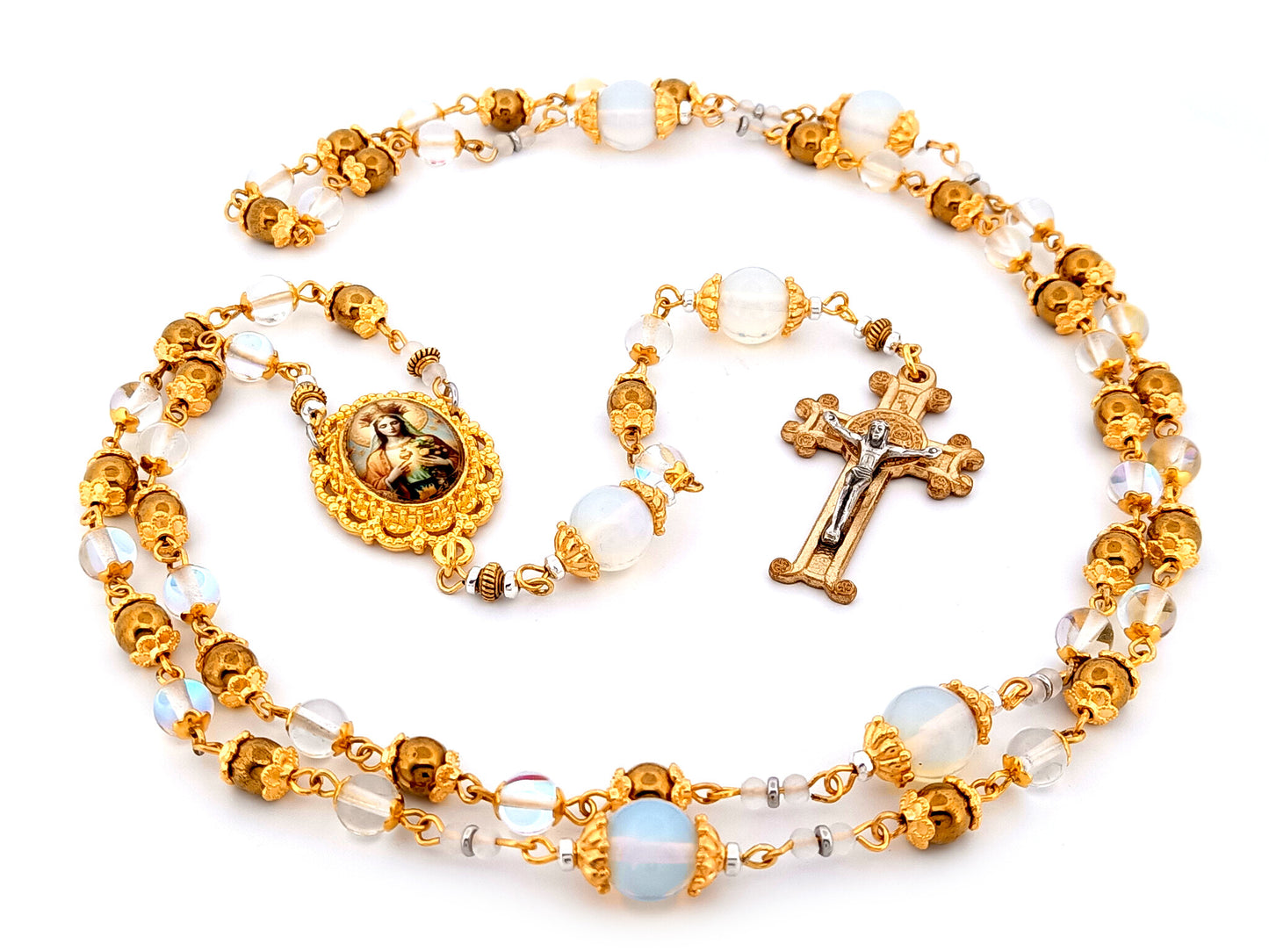Queen of Heaven unique rosary beads angel aura crystal and opal gemstone rosary beads with Saint Benedict scroll crucifix.