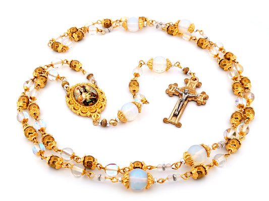 Queen of Heaven unique rosary beads angel aura crystal and opal gemstone rosary beads with Saint Benedict scroll crucifix.