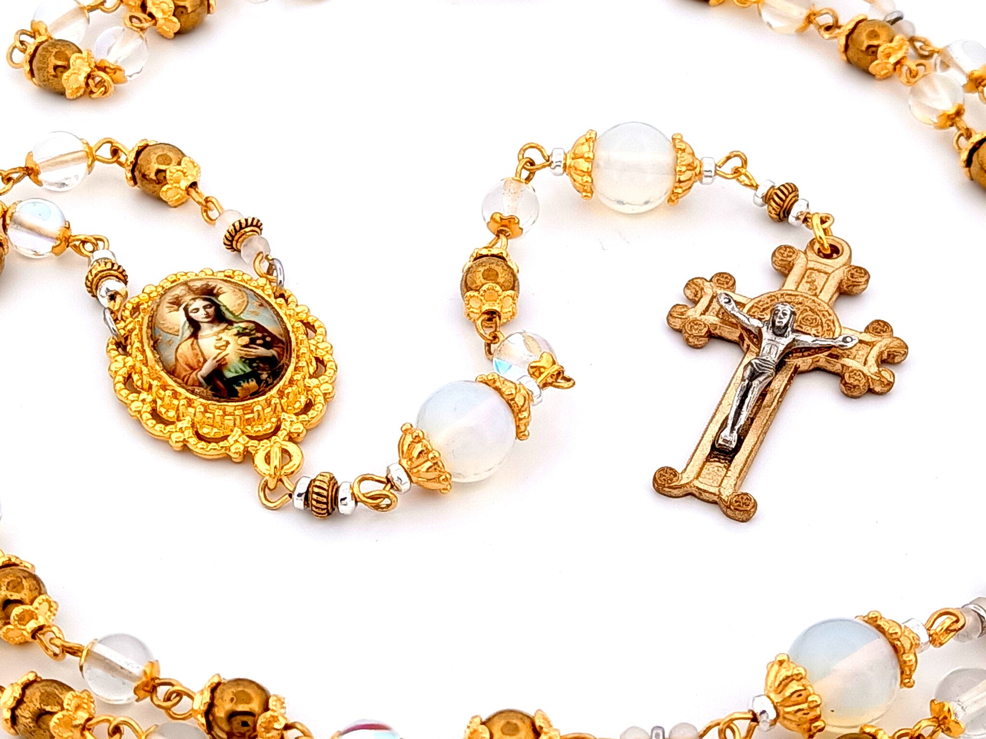 Queen of Heaven unique rosary beads angel aura crystal and opal gemstone rosary beads with Saint Benedict scroll crucifix.