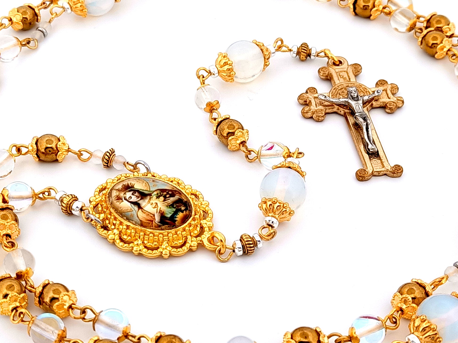 Queen of Heaven unique rosary beads angel aura crystal and opal gemstone rosary beads with Saint Benedict scroll crucifix.