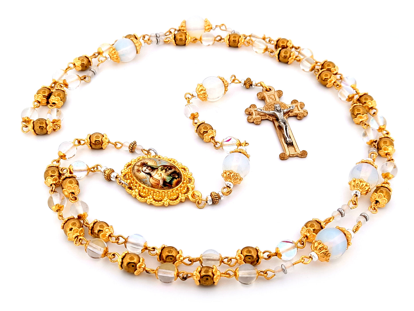 Queen of Heaven unique rosary beads angel aura crystal and opal gemstone rosary beads with Saint Benedict scroll crucifix.