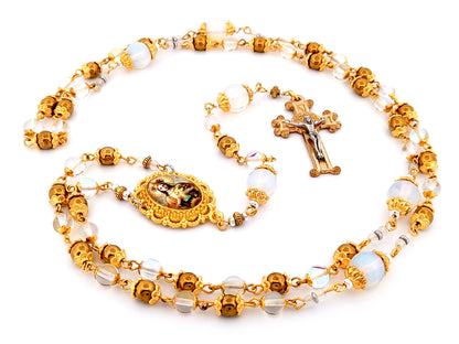 Queen of Heaven unique rosary beads angel aura crystal and opal gemstone rosary beads with Saint Benedict scroll crucifix.