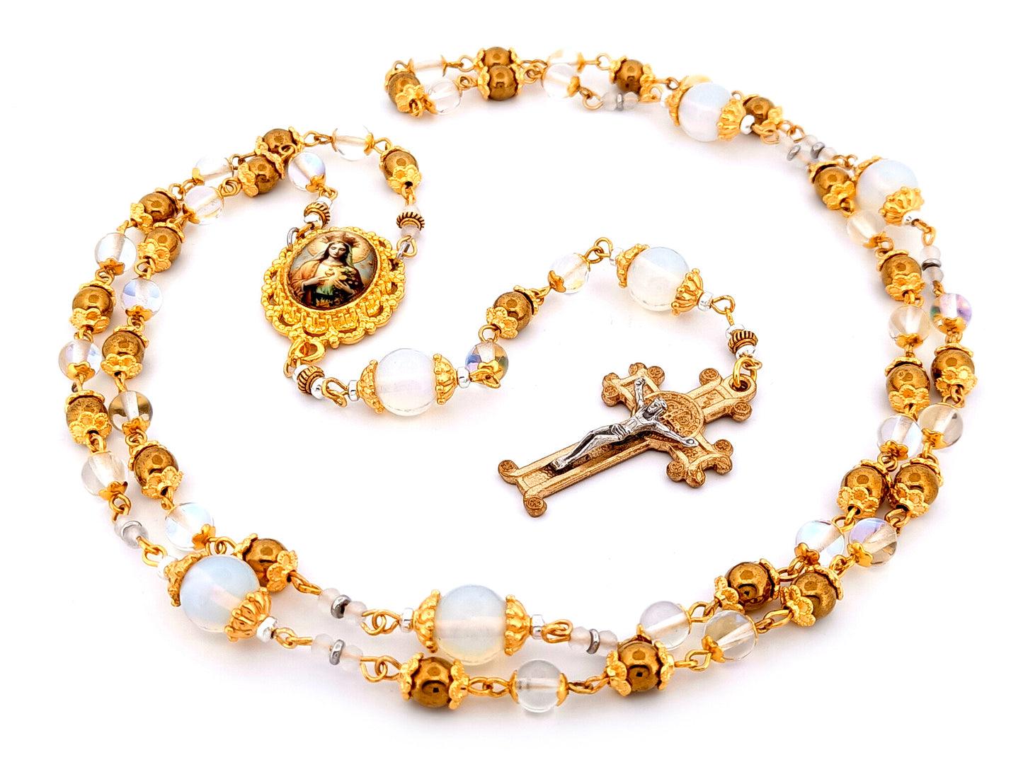 Queen of Heaven unique rosary beads angel aura crystal and opal gemstone rosary beads with Saint Benedict scroll crucifix.