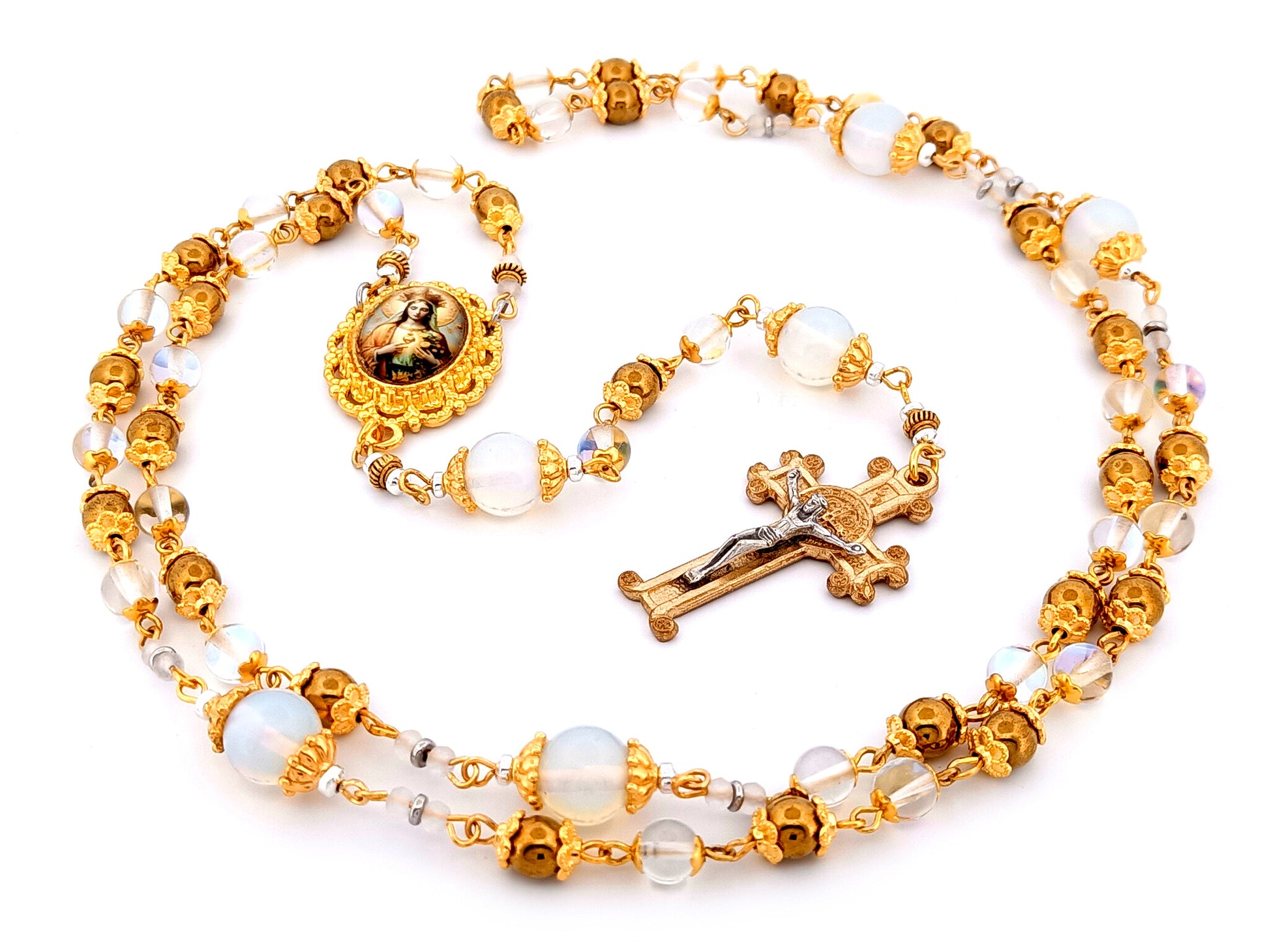 Queen of Heaven unique rosary beads angel aura crystal and opal gemstone rosary beads with Saint Benedict scroll crucifix.