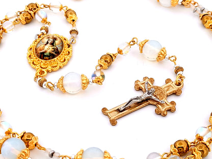 Queen of Heaven unique rosary beads angel aura crystal and opal gemstone rosary beads with Saint Benedict scroll crucifix.