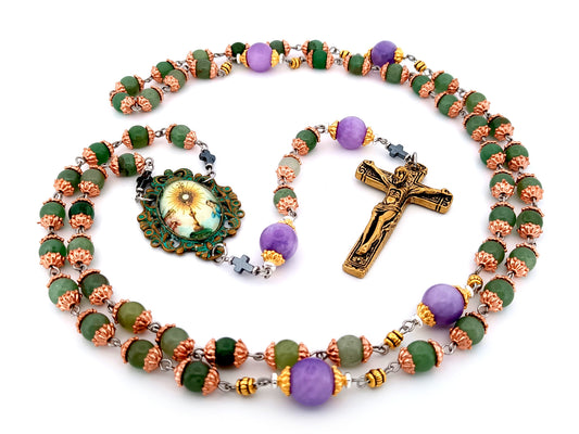 Holy Eucharist unique rosary beads  jasper gemstone rosary beads with lilac jasper beads and bronze crucifix.