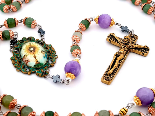 Holy Eucharist unique rosary beads jasper gemstone rosary beads with lilac jasper beads and bronze crucifix.