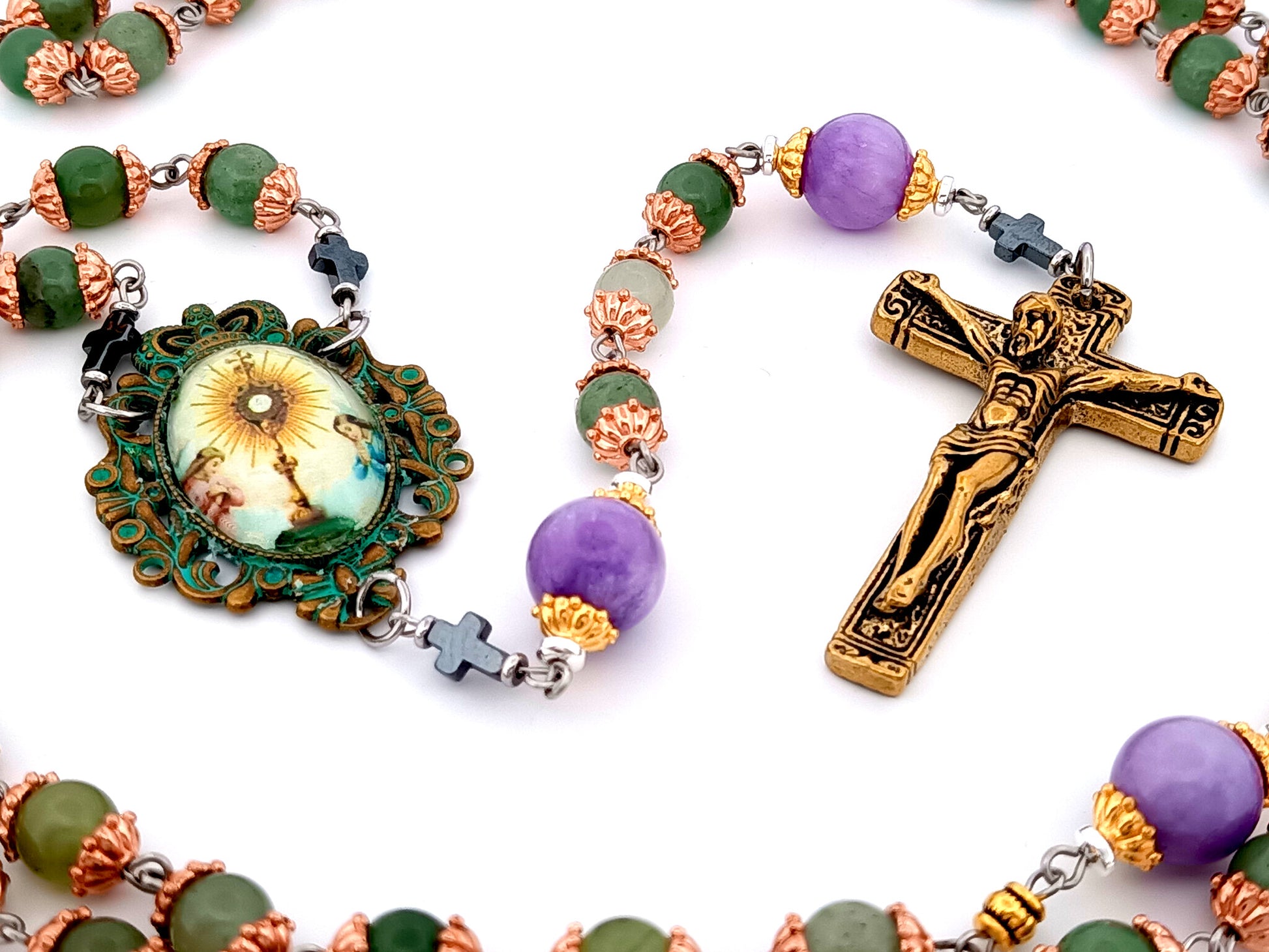 Holy Eucharist unique rosary beads  jasper gemstone rosary beads with lilac jasper beads and bronze crucifix.