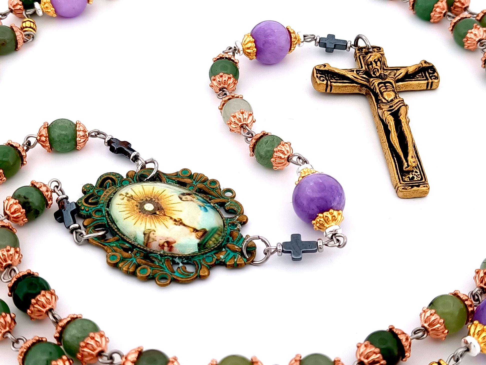 Holy Eucharist unique rosary beads  jasper gemstone rosary beads with lilac jasper beads and bronze crucifix.