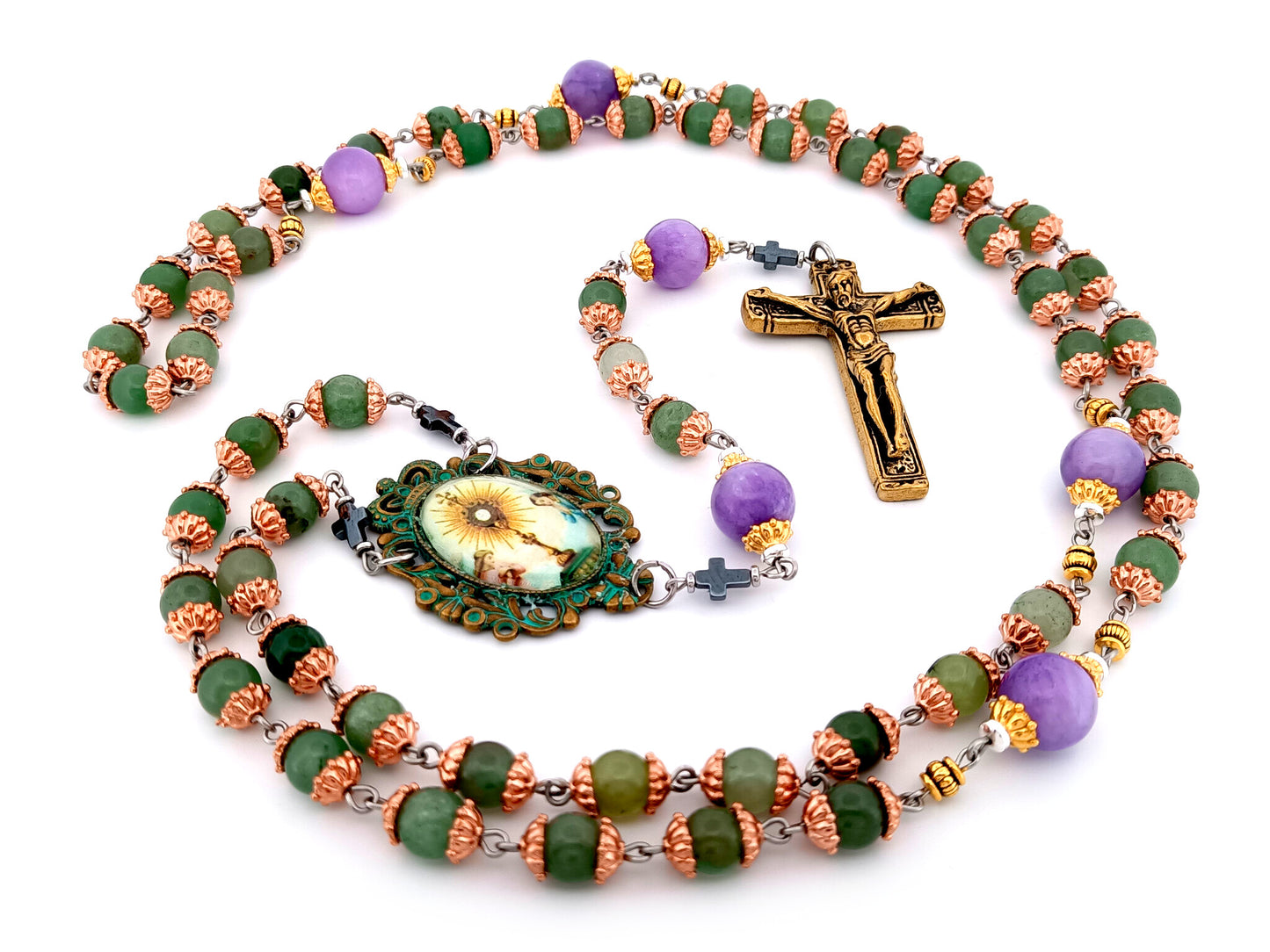 Holy Eucharist unique rosary beads  jasper gemstone rosary beads with lilac jasper beads and bronze crucifix.