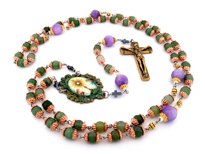 Holy Eucharist unique rosary beads  jasper gemstone rosary beads with lilac jasper beads and bronze crucifix.