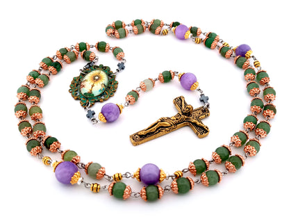 Holy Eucharist unique rosary beads  jasper gemstone rosary beads with lilac jasper beads and bronze crucifix.