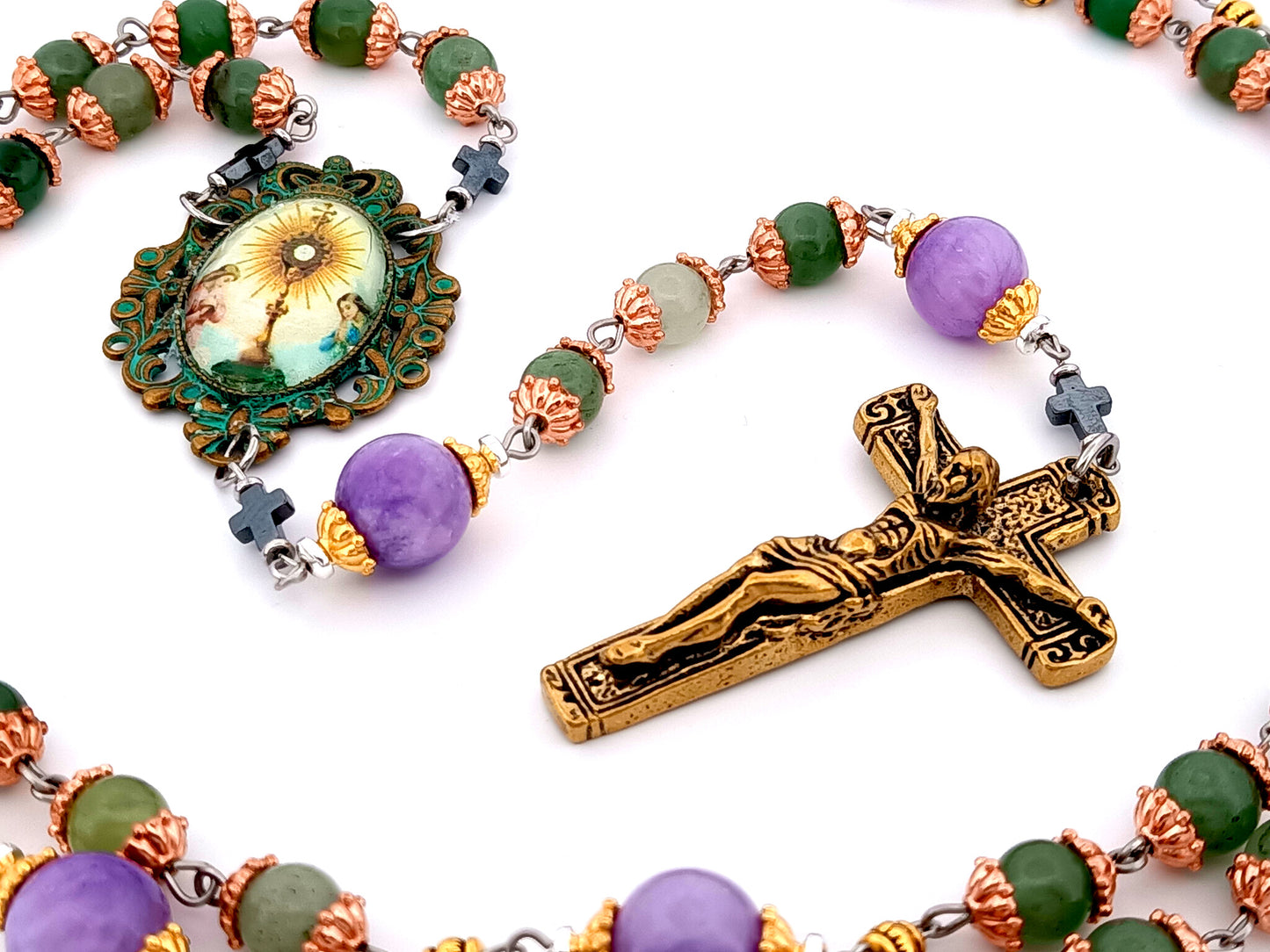 Holy Eucharist unique rosary beads  jasper gemstone rosary beads with lilac jasper beads and bronze crucifix.