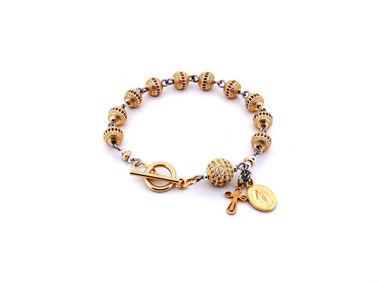 Miraculous medal unique rosary beads 18K gold zirconia single decade rosary bracelet with 18K gold plated crystal Our father bead.