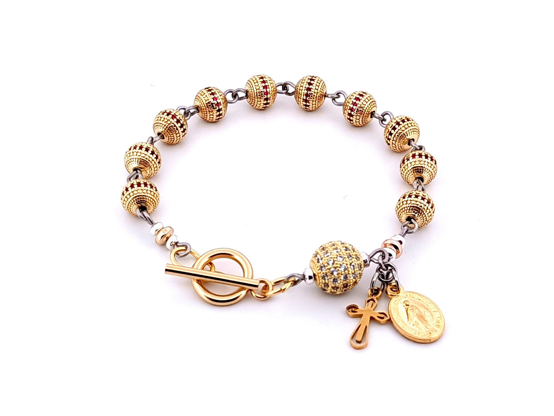 Miraculous medal unique rosary beads 18K gold zirconia single decade rosary bracelet with 18K gold plated crystal Our father bead.