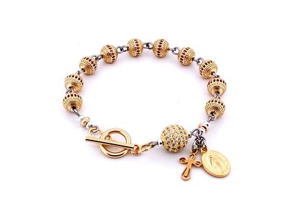 Miraculous medal unique rosary beads 18K gold zirconia single decade rosary bracelet with 18K gold plated crystal Our father bead.
