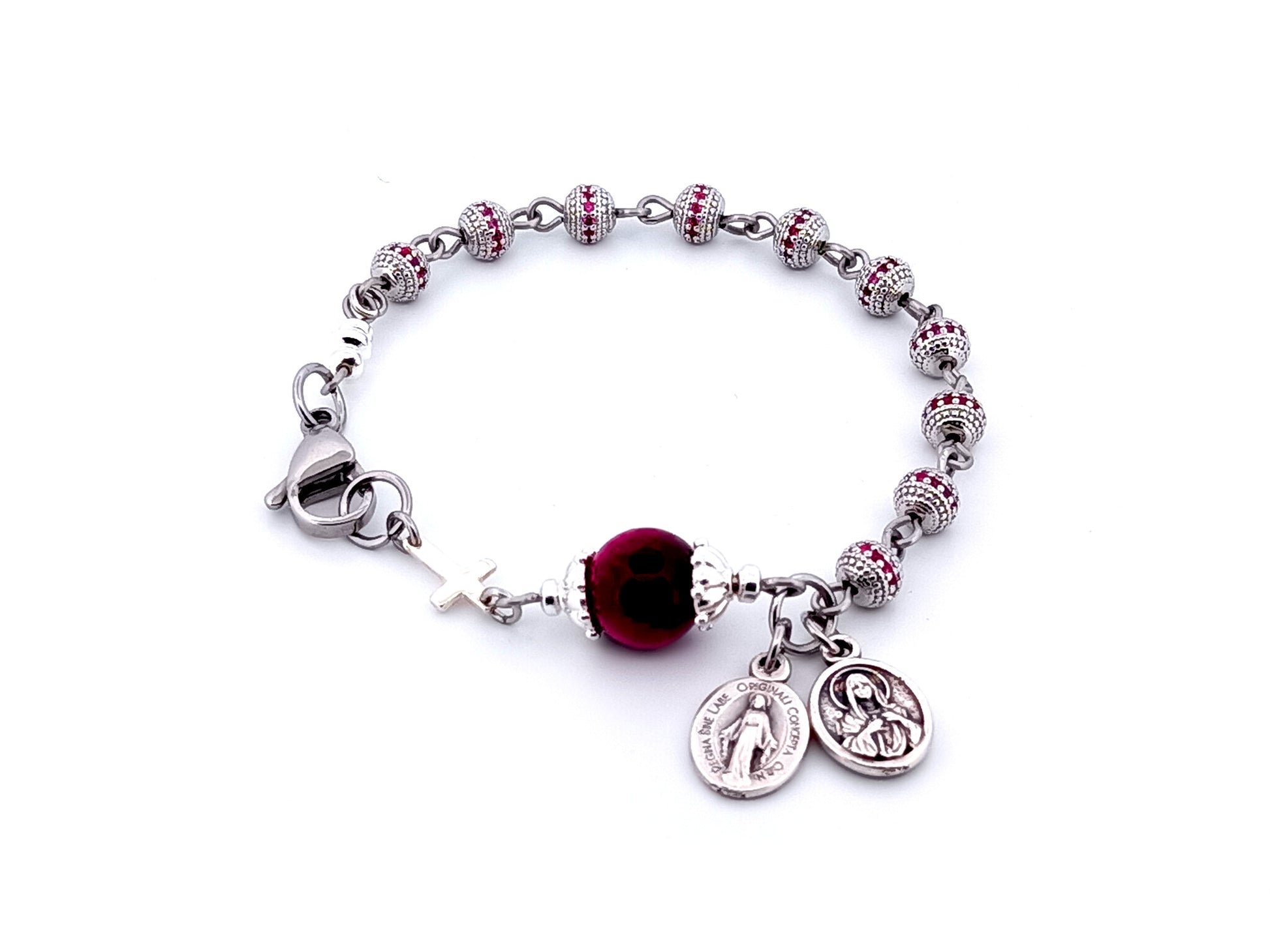 Miraculous medal unique rosary beads platinum plated cubic zirconia single decade rosary bracelet with 925 sterling silver cross.