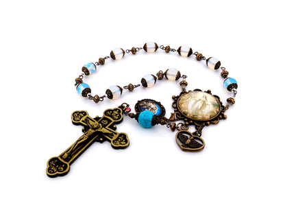 Assumption of Mary unique rosary beads large vintage style opal gemstone single decade rosary beads with Twelve Apostle bronze crucifix.