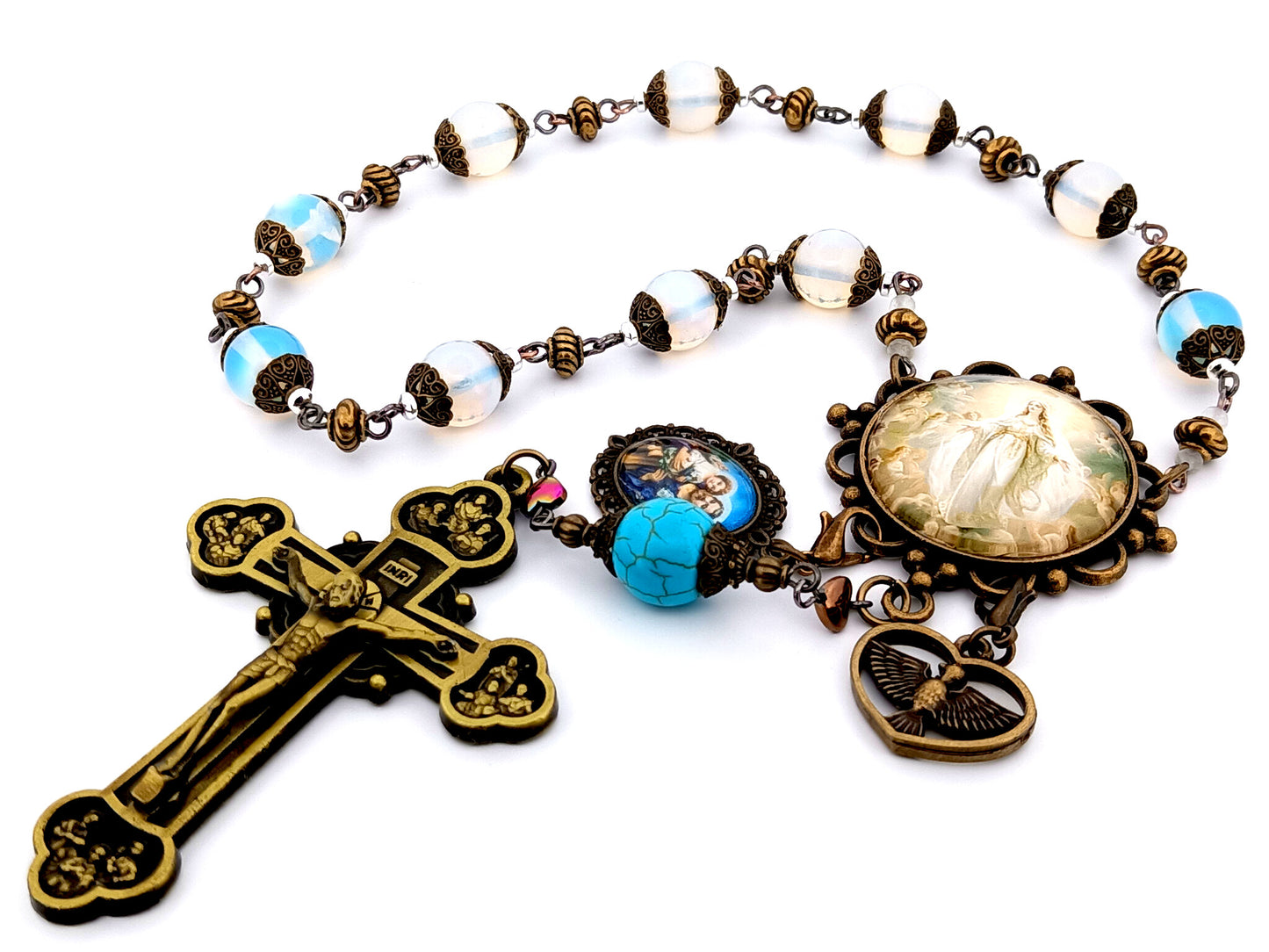 Assumption of Mary unique rosary beads large vintage style opal gemstone single decade rosary beads with Twelve Apostle bronze crucifix.