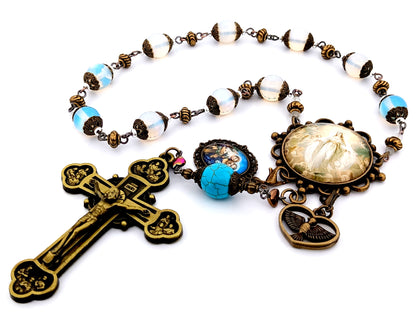 Assumption of Mary unique rosary beads large vintage style opal gemstone single decade rosary beads with Twelve Apostle bronze crucifix.