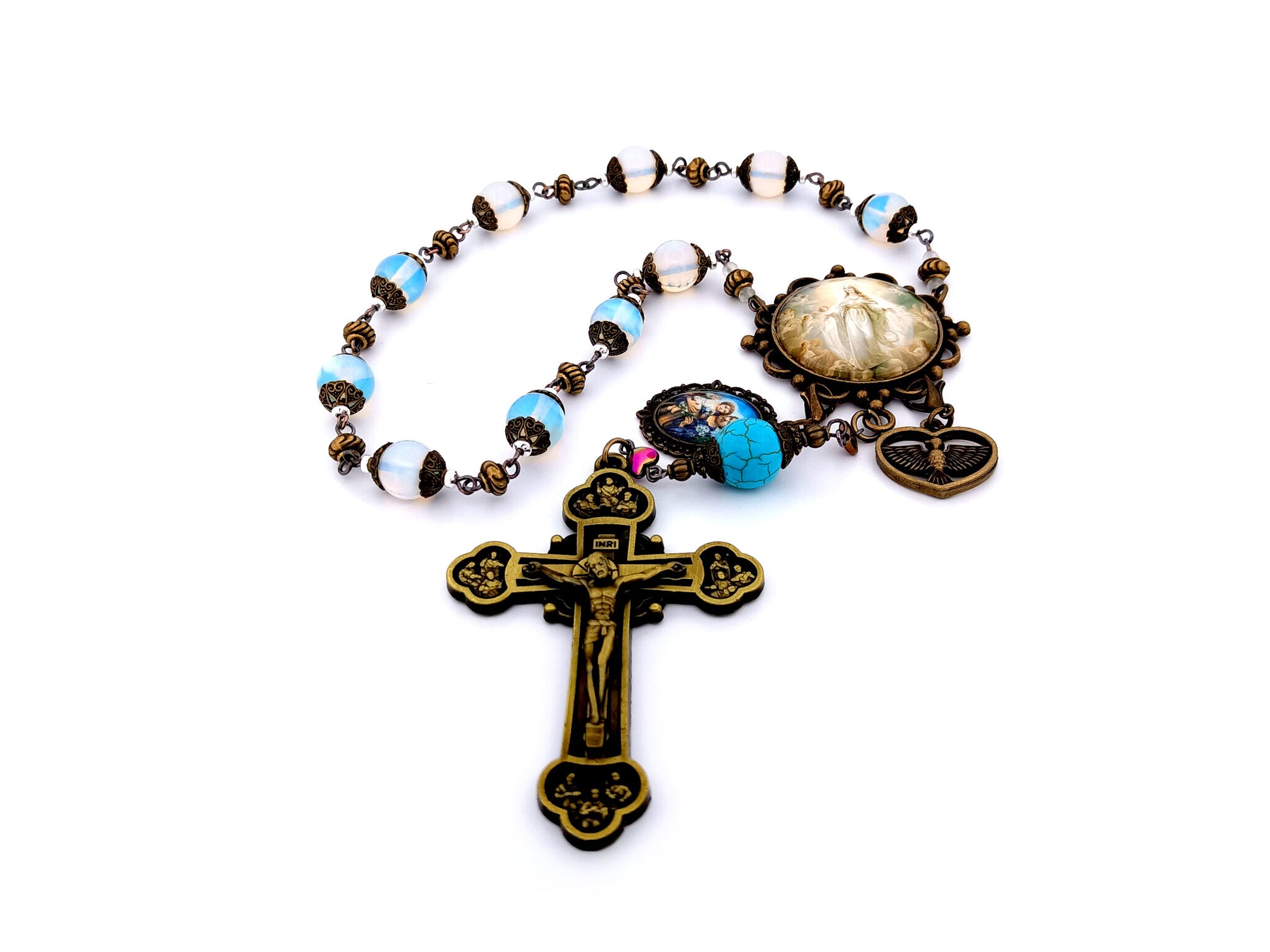 Assumption of Mary unique rosary beads large vintage style opal gemstone single decade rosary beads with Twelve Apostle bronze crucifix.