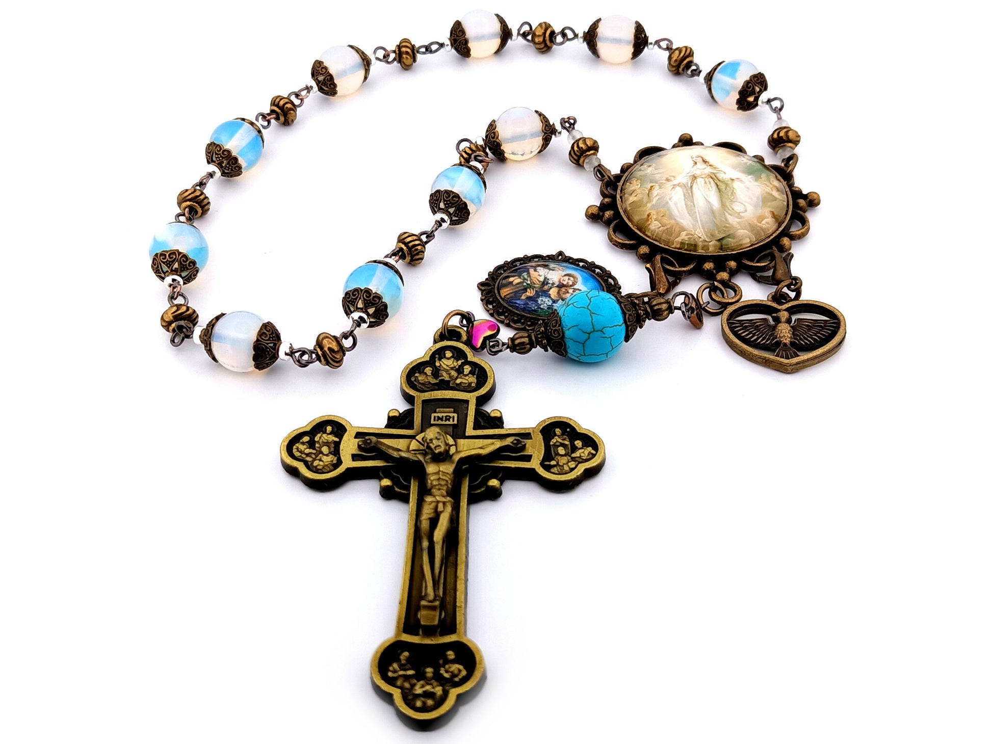 Assumption of Mary unique rosary beads large vintage style opal gemstone single decade rosary beads with Twelve Apostle bronze crucifix.