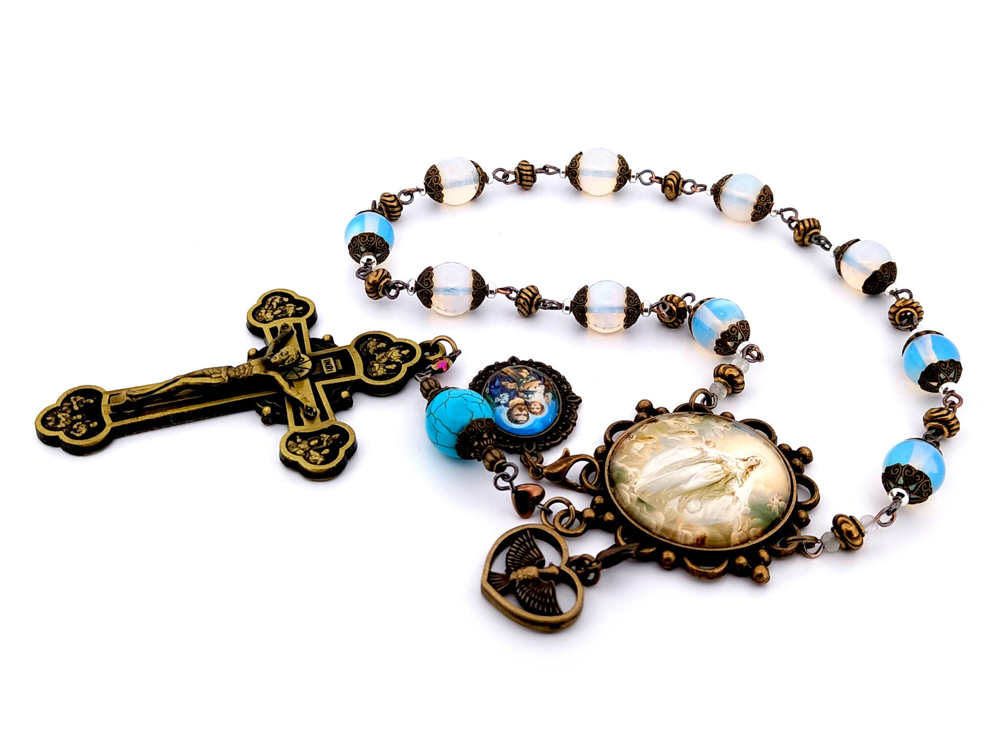 Assumption of Mary unique rosary beads large vintage style opal gemstone single decade rosary beads with Twelve Apostle bronze crucifix.