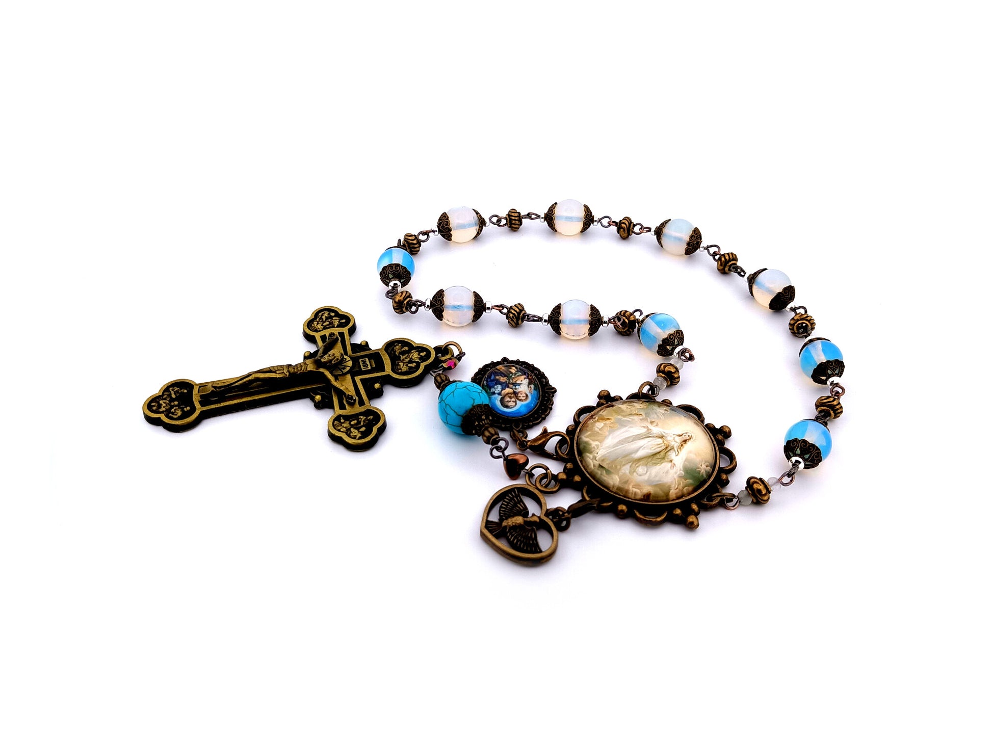 Assumption of Mary unique rosary beads large vintage style opal gemstone single decade rosary beads with Twelve Apostle bronze crucifix.