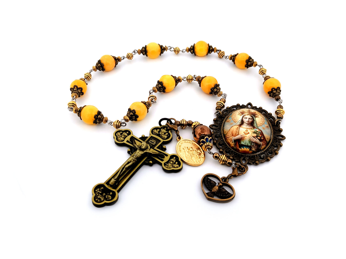 Queen of Heaven unique rosary beads large gemstone single decade rosary beads with Twelve Apostle bronze crucifix Holy Spirit medal.