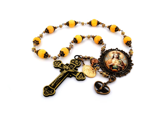 Queen of Heaven unique rosary beads large gemstone single decade rosary beads with Twelve Apostle bronze crucifix Holy Spirit medal.