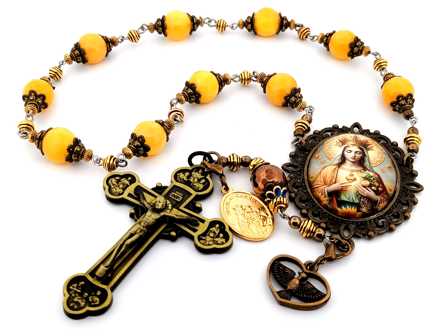 Queen of Heaven unique rosary beads large gemstone single decade rosary beads with Twelve Apostle bronze crucifix Holy Spirit medal.