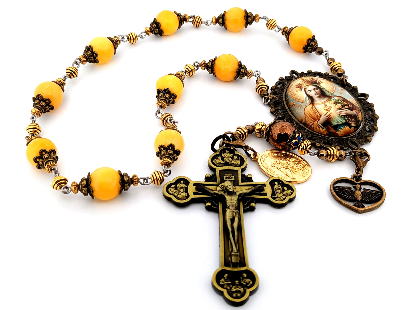 Queen of Heaven unique rosary beads large gemstone single decade rosary beads with Twelve Apostle bronze crucifix Holy Spirit medal.