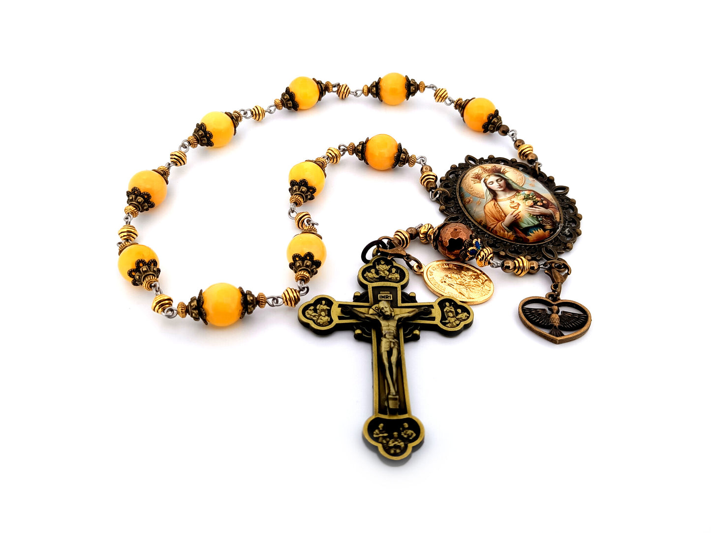 Queen of Heaven unique rosary beads large gemstone single decade rosary beads with Twelve Apostle bronze crucifix Holy Spirit medal.