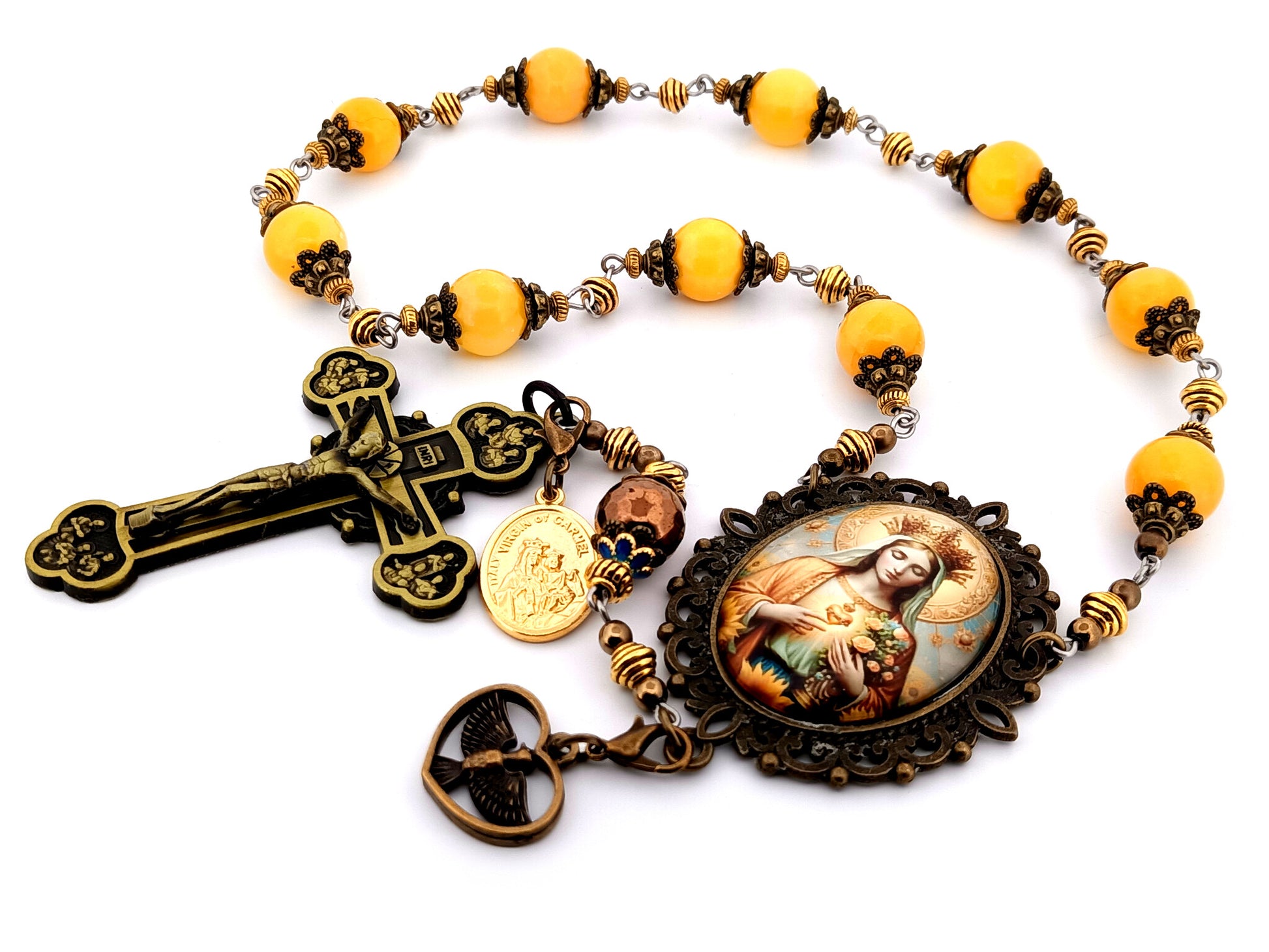 Queen of Heaven unique rosary beads large gemstone single decade rosary beads with Twelve Apostle bronze crucifix Holy Spirit medal.