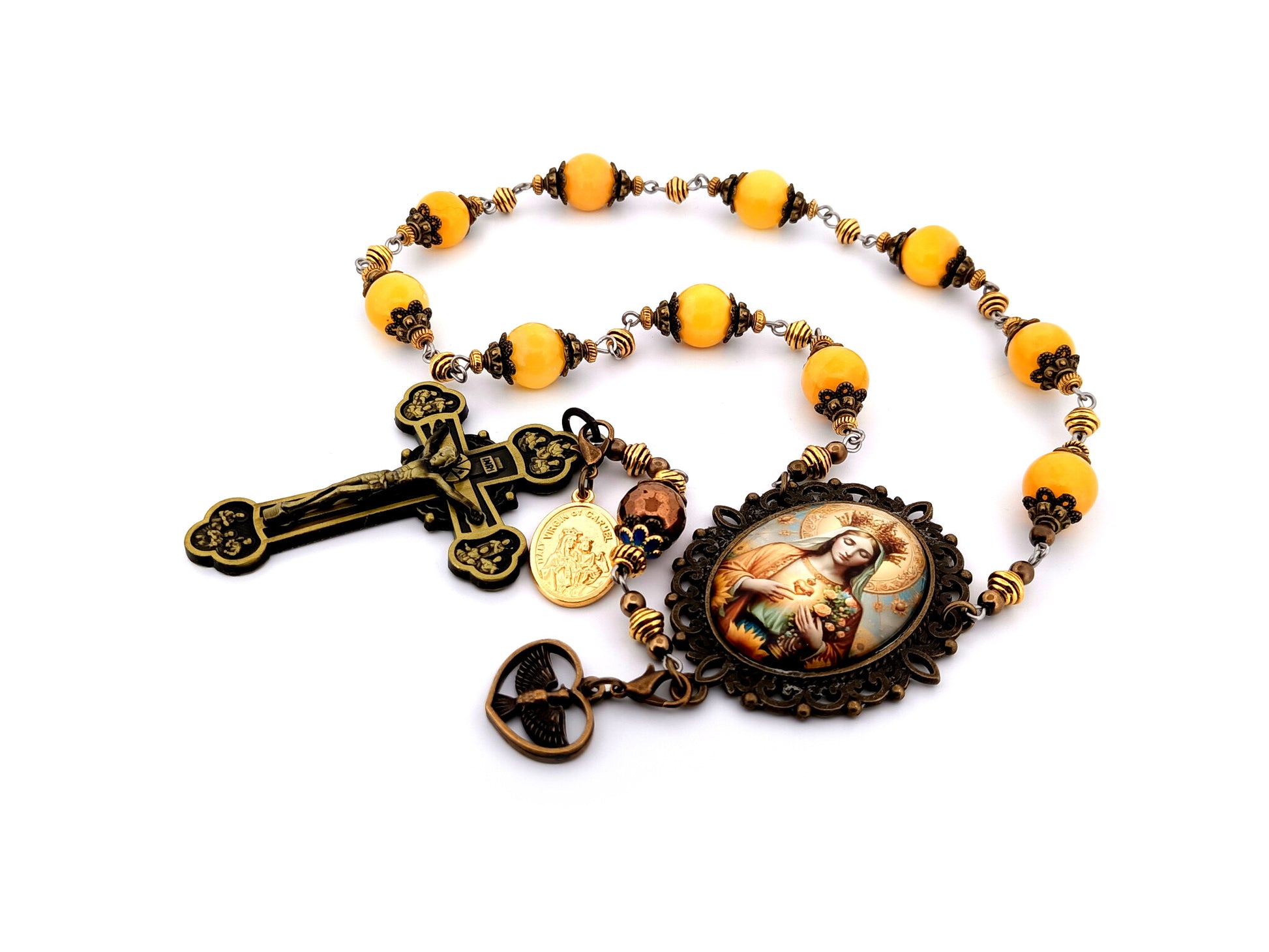 Queen of Heaven unique rosary beads large gemstone single decade rosary beads with Twelve Apostle bronze crucifix Holy Spirit medal.